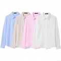 Women's Fashion Solid Color Polyester Spandex Long Sleeve Button Up Shirt Loose Casual Lapel Blouse Spring Autumn Top For Office Daily Wear