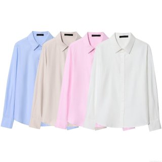 Women's Fashion Solid Color Polyester Spandex Long Sleeve Button Up Shirt Loose Casual Lapel Blouse Spring Autumn Top For Office Daily Wear