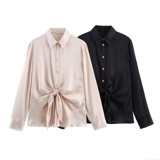 Elegant Women's Satin Blouse Shirt Knotted Waist Tie-Up Front Long Sleeve Button Down Shirt Collar Solid Color Office Party Evening Silk Texture Top