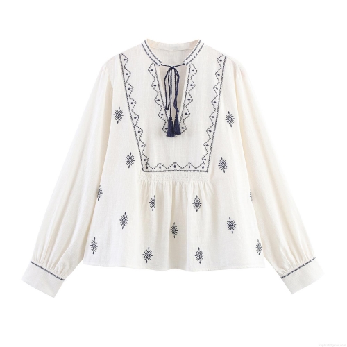 Women's Boho Embroidered Long Sleeve Blouse V Neck Tassel Lace Up Shirt Loose Casual Cotton Linen Polyester Top Off White Geometric Ethnic Style