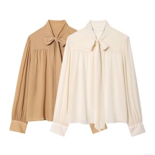 Women's Elegant Bow Tie Neck Chiffon Blouse Long Sleeve Solid Color Loose Fit Casual Office Shirt Tops With Metal Button