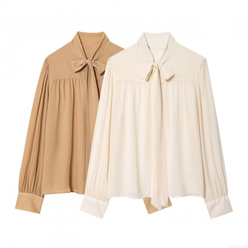 Women's Elegant Bow Tie Neck Chiffon Blouse Long Sleeve Solid Color Loose Fit Casual Office Shirt Tops With Metal Button