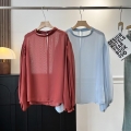 Women's Sheer Mesh Blouse Chiffon Long Lantern Sleeve Top Round Neck See-Through Casual Shirt Solid Color Elegant Loose Fit Clothing