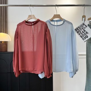 Women's Sheer Mesh Blouse Chiffon Long Lantern Sleeve Top Round Neck See-Through Casual Shirt Solid Color Elegant Loose Fit Clothing