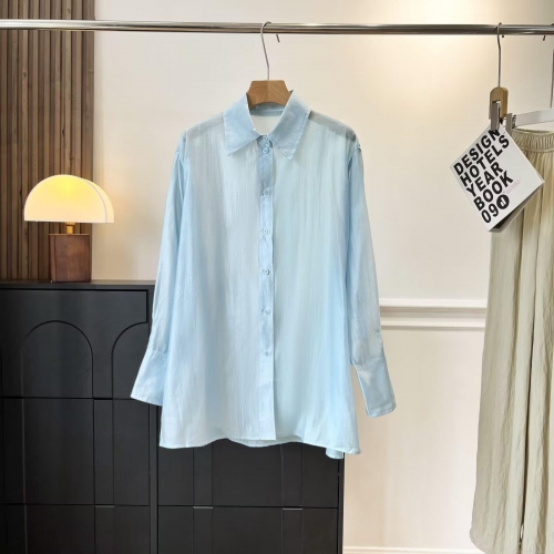 Women's Casual Light Blue Long Sleeve Tencel Blouse Fashion Texture Sheer Loose Button Down Shirt Minimalist Chic Lapel Top for Women Daily Vacation