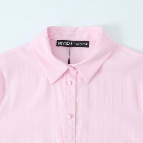 Women Fashion Solid Color Long Sleeve Shirt Lightweight Polyester Turn-down Collar Single-breasted Blouse Casual Commuter Tops for Office Daily Wear