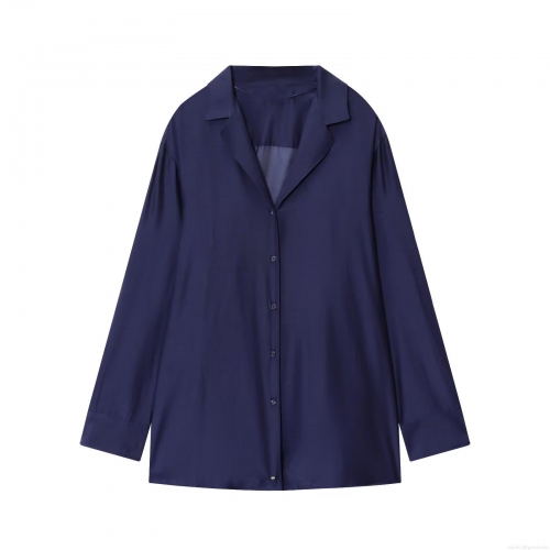 Women's Casual Satin Blouse Minimalist Solid Color Lapel Long Sleeve Loose Shirt For Office Daily Wear Silk-like Soft Top