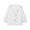 Elegant Women White Long Sleeve Blouse Ruffle Trim Poplin Shirt With Gold Buttons V-Neck Fashion Sweet Style Casual Office Commuter Top