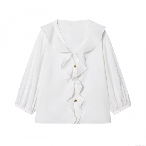 Elegant Women White Long Sleeve Blouse Ruffle Trim Poplin Shirt With Gold Buttons V-Neck Fashion Sweet Style Casual Office Commuter Top