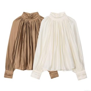 Elegant Mock Neck Pleated Satin Blouse Women Minimalist Loose Draped Silk-like Long Sleeve Pullover Shirt Daily Office Commute Top