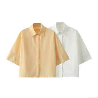 Women's Minimalist Short Sleeve Poplin Shirt Loose Fit Solid Color Casual Top With Hidden Buttons Lightweight Cotton Blouse For Daily Office Wear