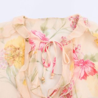 Sweet Women Floral Print Chiffon Blouse Elegant Ruffle Tie Neck Long Sleeve Semi-Transparent Lightweight Tops Fashion Flower Shirt For Women
