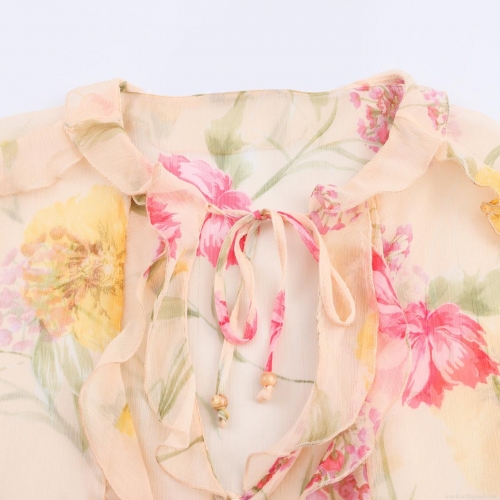Sweet Women Floral Print Chiffon Blouse Elegant Ruffle Tie Neck Long Sleeve Semi-Transparent Lightweight Tops Fashion Flower Shirt For Women