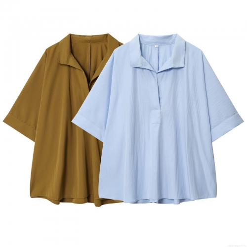 Women's Casual Loose Short Sleeve Blouse V-Neck Lapel Solid Color Crinkled Texture Pullover Shirt Polyester Summer Fashion Daily Tops