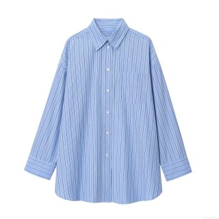 Women's Fashion Striped Long Sleeve Poplin Shirt Casual Loose Button Down Blouse With Chest Pocket Lapel Office Lady Work Top