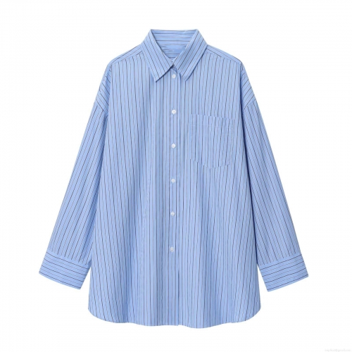Women's Fashion Striped Long Sleeve Poplin Shirt Casual Loose Button Down Blouse With Chest Pocket Lapel Office Lady Work Top