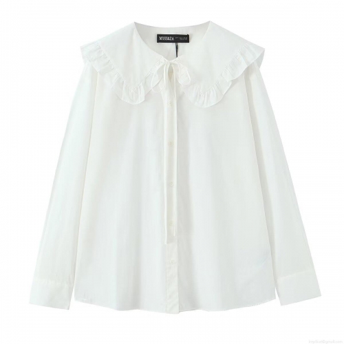 Sweet White Peter Pan Collar Ruffle Blouse With Bow Tie Long Sleeve Polyester Spandex Loose Shirt For Women Daily Casual Autumn Tops