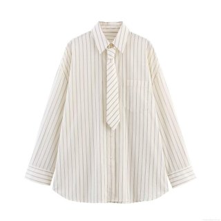 Women's Striped Shirt With Matching Tie Preppy Style Loose Fit Long Sleeve Poplin Blouse Casual Office Workwear Beige Striped Button Up Top
