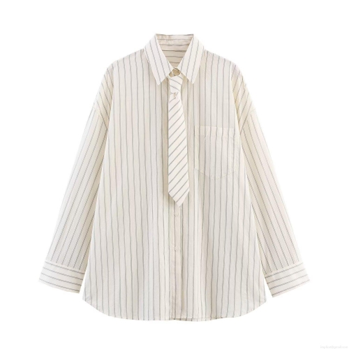 Women's Striped Shirt With Matching Tie Preppy Style Loose Fit Long Sleeve Poplin Blouse Casual Office Workwear Beige Striped Button Up Top