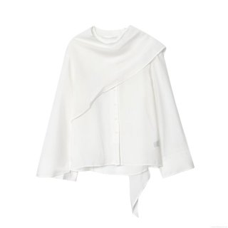 Elegant White Long Sleeve Lurex Cotton Blouse For Women Cape Collar Layered Design Minimalist Commute Style Office Shirt Top