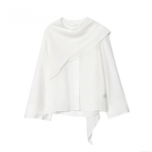 Elegant White Long Sleeve Lurex Cotton Blouse For Women Cape Collar Layered Design Minimalist Commute Style Office Shirt Top