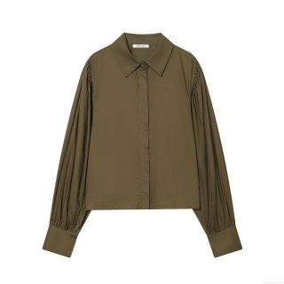 Elegant Women Puff Sleeve Poplin Blouse Long Sleeve Smocked Pleated Shirt Casual Solid Color Office Lady Fashion Button Down Tops