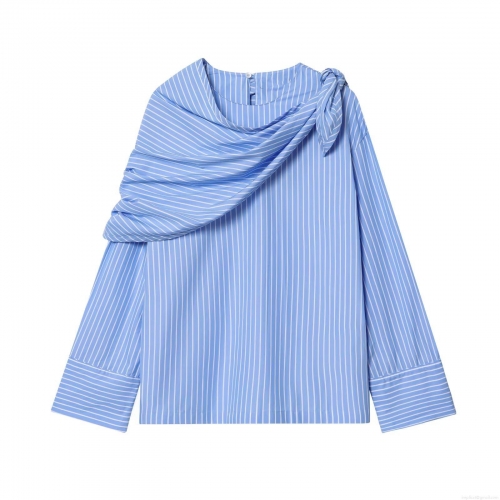 Women's Casual Striped Long Sleeve Blouse Asymmetric Pleated Collar Side Tie Shirt Polyester Blend Relaxed Fit Top For Daily Commute Autumn Wear