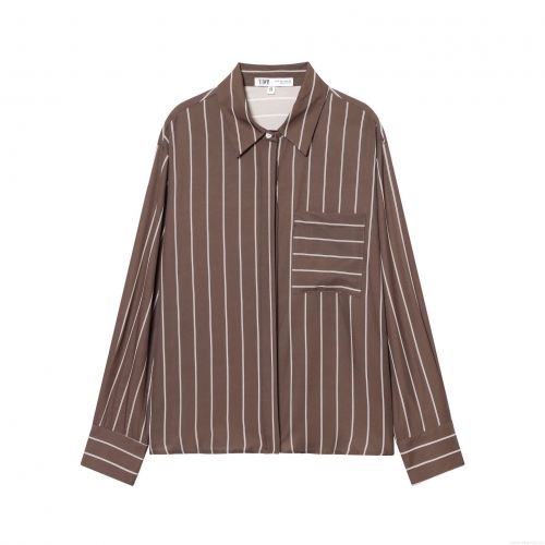 Women's Striped Long Sleeve Shirt Polyester 4-Way Stretch Casual Office Blouse With Pocket Button Down Top For Autumn Winter