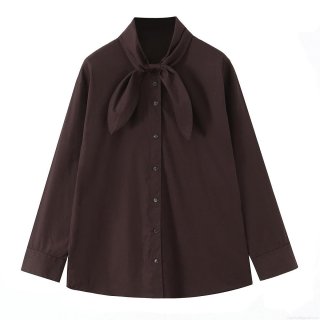 Women Elegant Bow Tie Neck Blouse Polyester Spandex Button Down Long Sleeve Shirt Casual Loose Poplin Top For Office Daily Autumn
