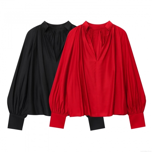 Women's Satin Blouse V-Neck Pleated Lantern Sleeve Pullover Top Solid Color Casual Loose Fit Long Sleeve Shirt For Women Office Daily Wear