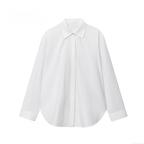 Women's Minimalist White Poplin Long Sleeve Blouse Casual Loose Button Down Shirt With Lapel Collar For Office Daily Autumn Wear