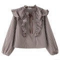Women's Long Sleeve Gingham Shirt 100% Cotton Ruffle Tie-up Blouse Vintage Retro Puff Sleeve Top For Daily Dating Casual Elegant Fashion