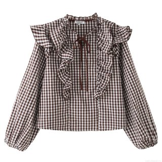 Women's Long Sleeve Gingham Shirt 100% Cotton Ruffle Tie-up Blouse Vintage Retro Puff Sleeve Top For Daily Dating Casual Elegant Fashion