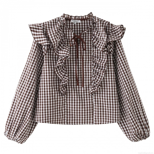 Women's Long Sleeve Gingham Shirt 100% Cotton Ruffle Tie-up Blouse Vintage Retro Puff Sleeve Top For Daily Dating Casual Elegant Fashion