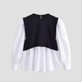 Elegant Women's Contrast Color Patchwork Fake Two-Piece Blouse 100% Polyester Round Neck Long Lantern Sleeve Pleated Top for Daily Office Wear