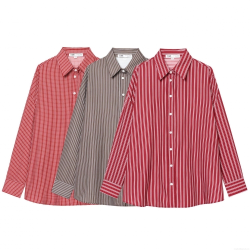 Women Fashion Stripe Poplin Shirt Beaded Lapel Long Sleeve Cotton Blend Blouse Casual Elegant Button Down Tops For Daily Commuting Office Wear