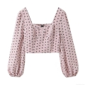 Women's Vintage Pink Black Polka Dot Blouse Square Neck Puff Sleeve Top Retro Smocked Elastic Slim Fit Long Sleeve Streetwear Casual Party Spring Autumn Fashion Polyester Top