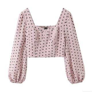 Women's Vintage Pink Black Polka Dot Blouse Square Neck Puff Sleeve Top Retro Smocked Elastic Slim Fit Long Sleeve Streetwear Casual Party Spring Autumn Fashion Polyester Top