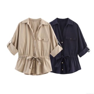 Women's Short Sleeve Cotton Blend Poplin Blouse Safari Style Drawstring Waist Turn-down Collar Flap Pockets Casual Button Down Workwear Shirt Top