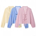 Women Striped Long Sleeve Blouse With Bow Tie V-Neck Polyester Poplin Casual Shirt Autumn Fashion Tops For Ladies