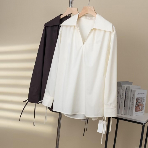 Women's Elegant V-Neck Long Sleeve Blouse Casual Loose Shirt With Large Lapel And Cuff Tie-Up Bow Fashion Solid Color Polyester Spandex Tops For Office Daily Wear