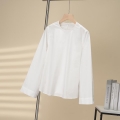Women's Minimalist White Long Sleeve Round Neck Blouse Cotton Blend Casual Curved Hem Loose Shirt For Daily Office Lady