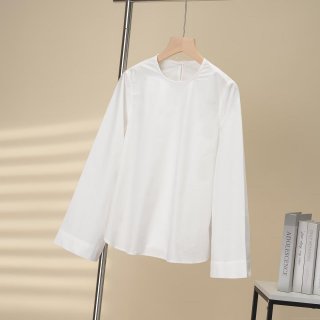 Women's Minimalist White Long Sleeve Round Neck Blouse Cotton Blend Casual Curved Hem Loose Shirt For Daily Office Lady