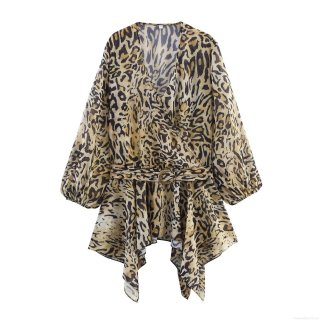 Women Sexy Deep V-Neck Leopard Print Chiffon Blouse Long Sleeve Wrap Shirt With Belt Casual Fashion Tops For Ladies Party Dating