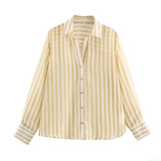 Women's Striped Long Sleeve Blouse Casual Loose Turn-down Collar Button Down Shirt With Gold Buttons Polyester Spandex Top For Women Autumn Casual Wear