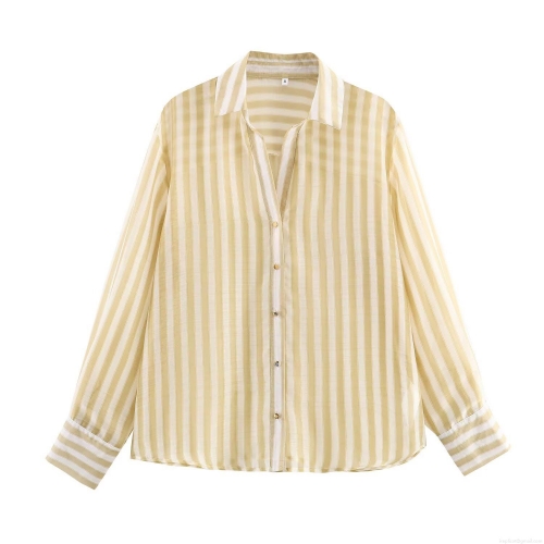 Women's Striped Long Sleeve Blouse Casual Loose Turn-down Collar Button Down Shirt With Gold Buttons Polyester Spandex Top For Women Autumn Casual Wear