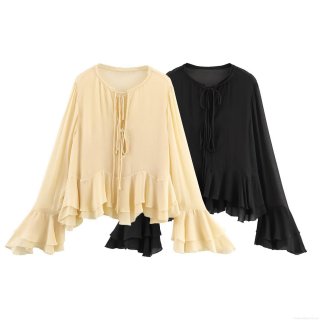 Women's Elegant Chiffon Polyester Tiered Ruffle Blouse Tie-Neck Long Bell Sleeve Loose Solid Color Shirt For Daily Date Autumn Casual Fashion Tops