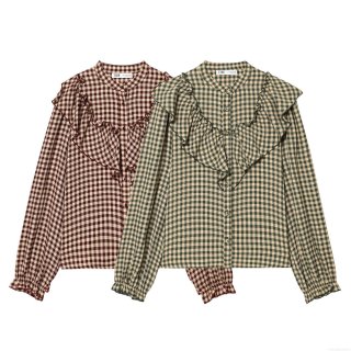 Women Retro Plaid Long Sleeve Shirt With Ruffle Trim Elegant Polyester Cotton Blend Blouse For Daily Dating Office Autumn Winter