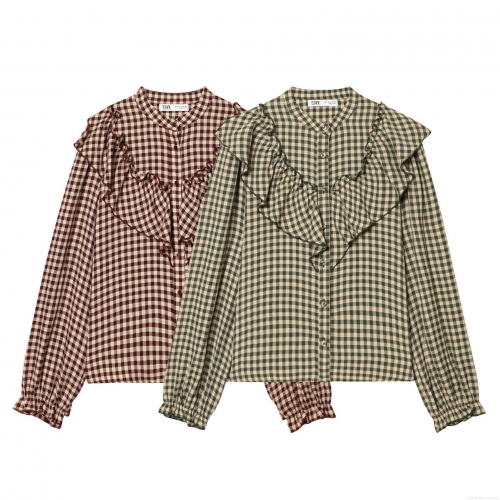 Women Retro Plaid Long Sleeve Shirt With Ruffle Trim Elegant Polyester Cotton Blend Blouse For Daily Dating Office Autumn Winter