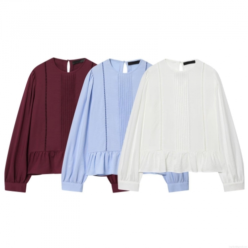Elegant Women Round Neck Pintuck Blouse Long Sleeve Polyester Spandex Top With Hollow Out Lace And Ruffle Peplum Hem Casual Daily Shirt For Work School